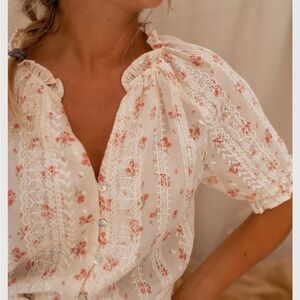 Easy Clothes Shirt Womens 
Ivory Pink Floral Lace Button
Cottagecore Peasant S/M